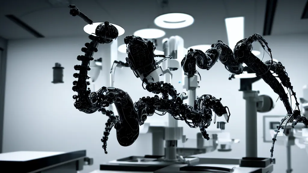 Image similar to a complex bifurcated robotic cnc surgical arm hybrid mri 3 d printer machine making swirling black and white ceramic mandlebulb mutant forms in the laboratory inspection room, film still from the movie directed by denis villeneuve with art direction by salvador dali, wide lens, f 3 2, cinematic lighting, studio quality, smooth render, unreal engine 5 rendered, octane rendered