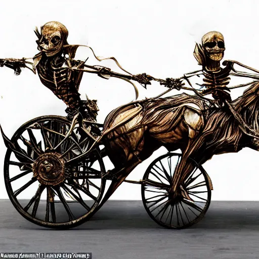 Image similar to The mixed mediart features a human figure driving a chariot. The figure is skeletal and frail, with a large head and eyes. The chariot is pulled by two animals, which are also skeletal and frail. slow shutter speed by Alex Ross rich