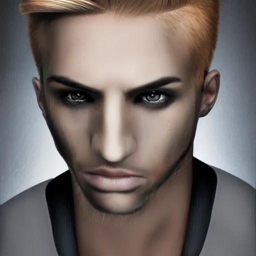 Image similar to hyper realistic portrait of superhero with blonde two sides hair and thin face lines