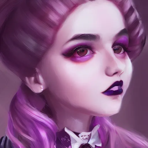 Image similar to a girl wearing lolita clothes, purple lipstick, pigtails, highly detailed, digital painting, artstation, concept art, smooth, sharp focus, illustration