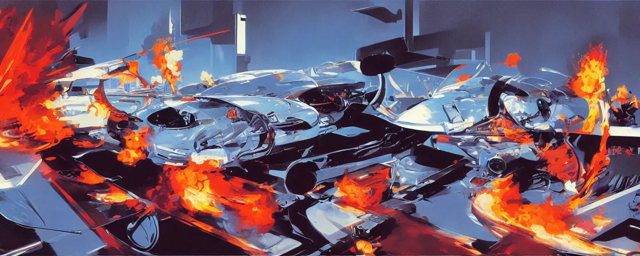 Prompt: atomic, flaming heart, expressive, art by syd mead