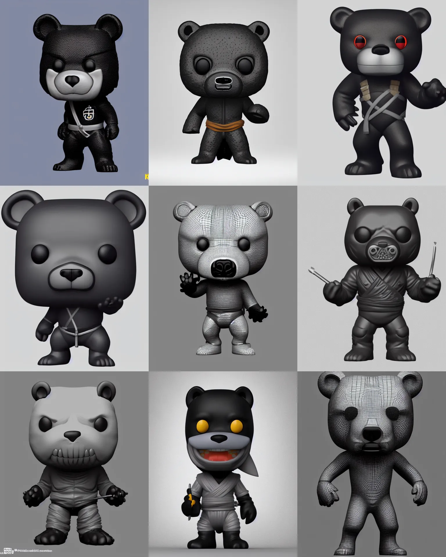 Prompt: full body 3 d render of black ninja bear as a funko pop!, studio lighting, grey background, no shadow, blender, trending on artstation, 8 k, highly detailed