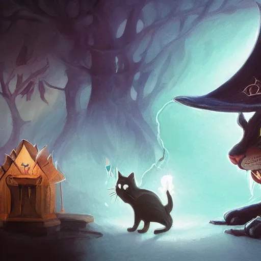 Image similar to Anthropomorphized cat witch brewing potion, evil smile, witch Hut, witch hat, dark fantasy, magic the gathering artwork, D&D, fantasy, cinematic lighting, centered, symmetrical, highly detailed, digital painting, artstation, concept art, smooth, sharp focus, illustration, volumetric lighting, epic Composition, 8k, art by Akihiko Yoshida and Greg Rutkowski and Craig Mullins, heroic pose, oil painting, cgsociety