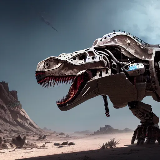 Prompt: an ultrawide photo of a robotic t - rex, horizon forbidden west concept art, highly detailed, 8 k