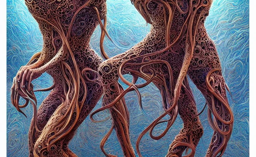 Image similar to beautiful psychedelic goddess enrobed in tentacles in the style of peter gric