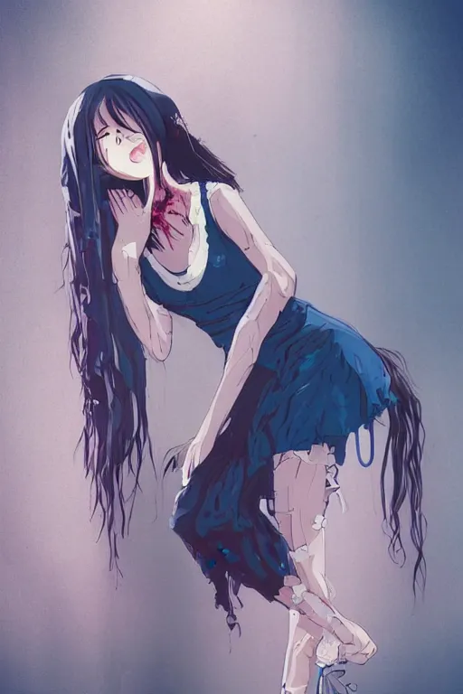 Image similar to urban school zombie girl in tattered clothes crouching in a corner fanart, dark blue long hair, muted colors, matte print, pastel colors, ornate, digital art, cute smile, digital painting, fan art, elegant, pixiv, by Ilya Kuvshinov, by Studio Ghibli