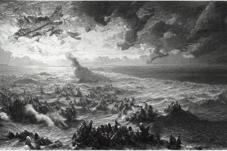 Image similar to aerial view, the biblical crossing of the red sea, Gustave Dore lithography