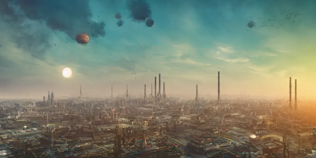 Prompt: big city like coruscant, with a green sunset smog sky, cinematic lighting, power plants with smoke, factories, tall metal towers, flying metal orbs, flying vehicles, a big moon in the sky, one blimp in the distance, a cloudy sky, mud mountains in background, hd 4k photo