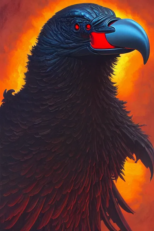 Prompt: classic oil painting, a giant evil raven with red eyes, as a dnd character, terrorizing a rollercoaster ride, cottagecore, highly detailed, digital illustration, concept art, smooth, sharp focus, art by tim hildebrandt, and greg hildebrandt