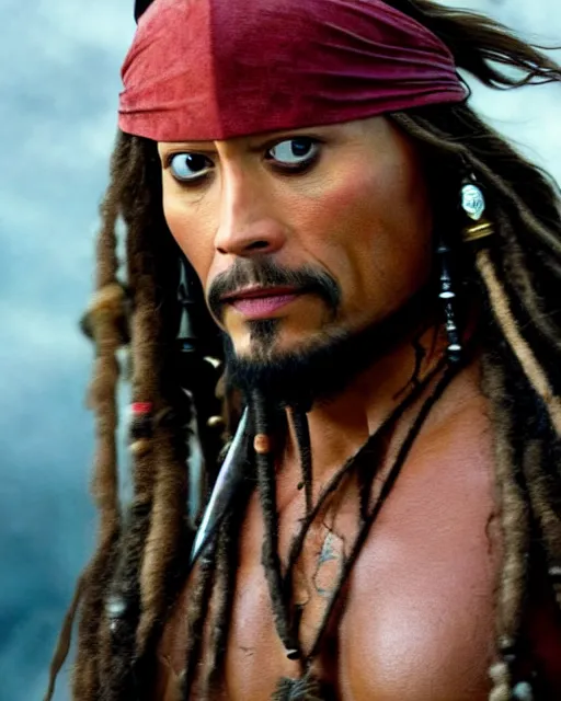 Image similar to Film still close-up shot of Dwayne Johnson as Captain Jack Sparrow from the movie Pirates of the Caribbean. Dwayne The Rock Johnson Photographic, photography