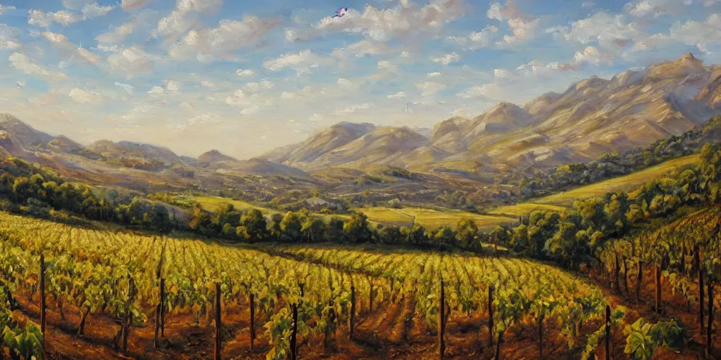 Prompt: a beautiful landscape painting of a sprawling vista with vineyards, winter season, by zohar flax, oil on canvas, highly detailed, hd, 4 k