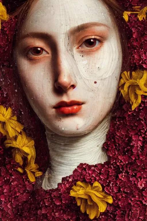 Prompt: hyperrealism close - up mythological portrait of an exquisite medieval woman's shattered face partially made of maroon flowers in style of classicism, wearing white silk robe, red palette