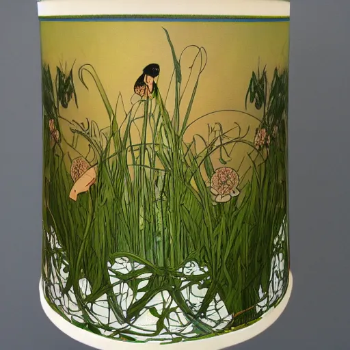 Image similar to beautiful victorian art nouveau duck lampshade, river reeds duckweeds, mucha kilian eng