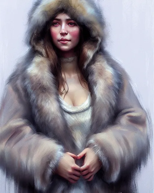 Image similar to a beautiful siberian girl with bear fur coat and decollete | | realistic shaded, unpleasant face, bad looking, fine details, realistic shaded lighting poster by greg rutkowski, magali villeneuve, artgerm, jeremy lipkin and michael garmash and rob rey