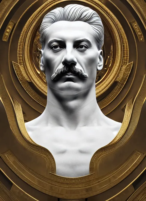 Image similar to a statue made of white marble with gold veins, of josef stalin, transhumanism, full body shot, perfect symmetrical body, perfect symmetrical face, hyper realistic, hyper detailed, by johannen voss, by peter kemp, by monia merlo, by michelangelo, by ernst haeckel, by alex grey, octane render, blender, 8 k