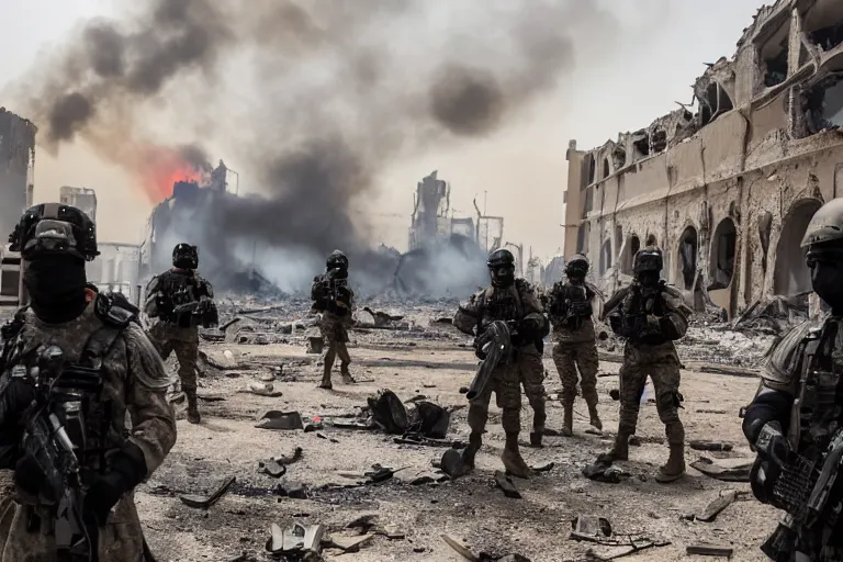 Prompt: Mercenary Special Forces soldiers in grey uniforms with black armored vest and black helmets assaulting a burning exploding devastated palace Dubai in 2022, Canon EOS R3, f/1.4, ISO 200, 1/160s, 8K, RAW, unedited, symmetrical balance, in-frame, combat photography, colorful