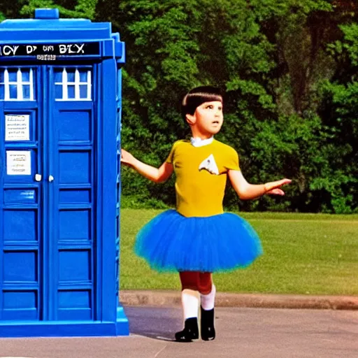 Prompt: color photo of spock in a blue tutu exiting the tardis