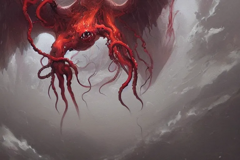 Image similar to painting by greg rutkowski of a flying crying human head and face that is chalk white in color, with tentacles coming of the neck, fiery red eyes, flying in a terrying hell like cavernous place