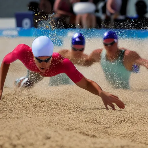 Image similar to olympic swimming in sand instead of water, extremely coherent, motion blur