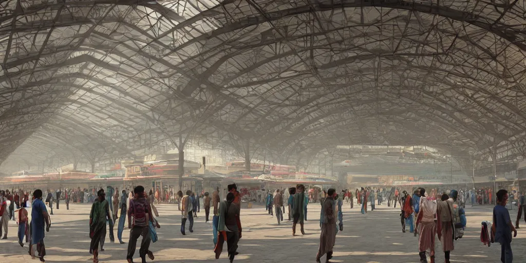 Image similar to establishing shot, interior of an india railway station, bustling with people, sharp focus, unreal engine, octane render, aesthetic
