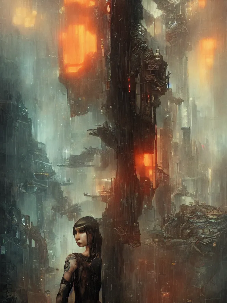 Prompt: a hyperrealistic cyberpunk portrait of a gorgeous woman in the movie Bladerunner 2046, with dead trees and orange pollution, award-winning, masterpiece, in the style of Tom Bagshaw, Cedric Peyravernay, Peter Mohrbacher