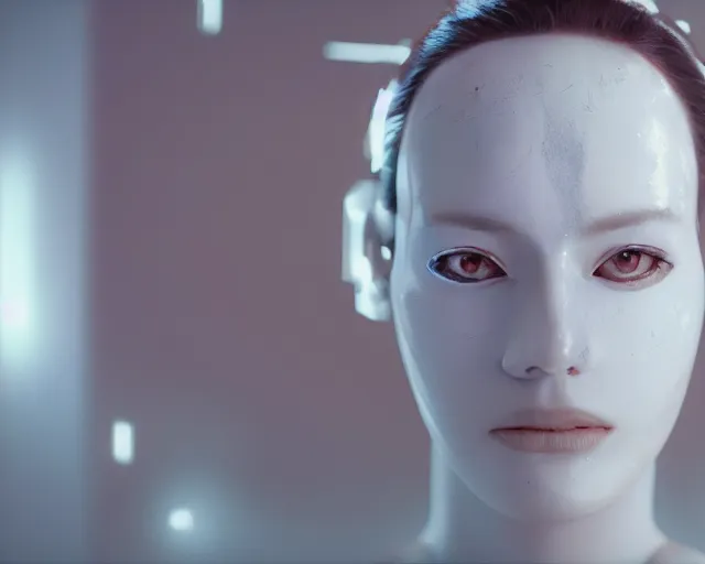Image similar to a film still of a synthetic female human with warpaint wrapped in white cloth, in neotokyo, cinematic lighting, high resolution, 4 k