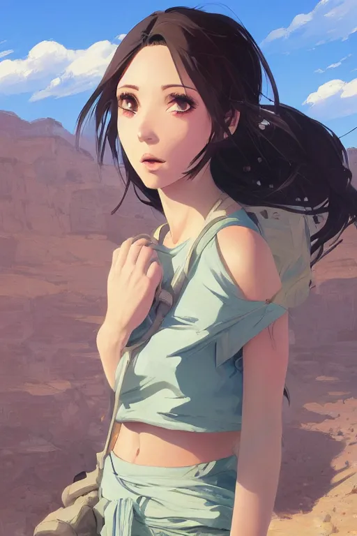 Image similar to a girl hiking in the desert, mid shot, fine - face, realistic shaded perfect anatomy, fine details. night setting. very anime style. realistic shaded lighting poster by ilya kuvshinov katsuhiro, magali villeneuve, artgerm, jeremy lipkin and michael garmash, rob rey and kentaro miura style, trending on art station