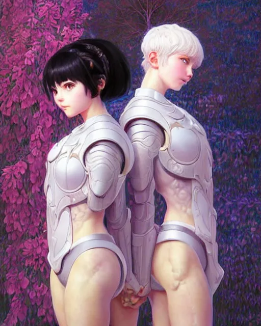 Image similar to portrait of two beautiful cute young maiden girls with short white hairs in warhammer armor, art by ( ( ( kuvshinov ilya ) ) ) and wayne barlowe and gustav klimt and artgerm and wlop