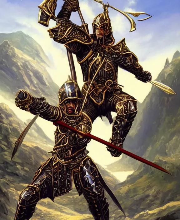Prompt: final boss archer, fantasy, man, gilded shiny armour, contrast, highly detailed, digital painting, artstation, concept art, wallpaper, smooth, sharp focus, illustration, illumination, art by larry elmore, jeff easley, clyde waldwell, keith parkinson, daniel r horne