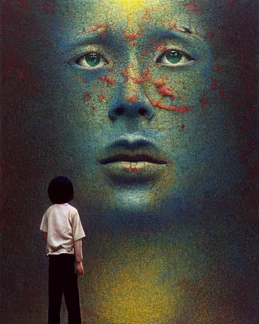 Image similar to 8k professional photo of an 8 years old boy standing in front of a computer from 90s monitor screen, Beksinski impasto painting, part by Adrian Ghenie and Gerhard Richter. art by Takato Yamamoto, masterpiece