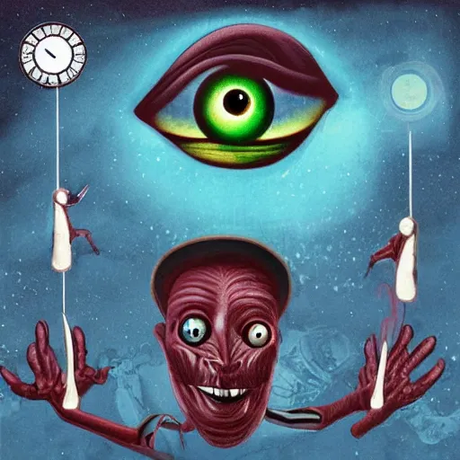 Image similar to man with alien clock eyes album cover