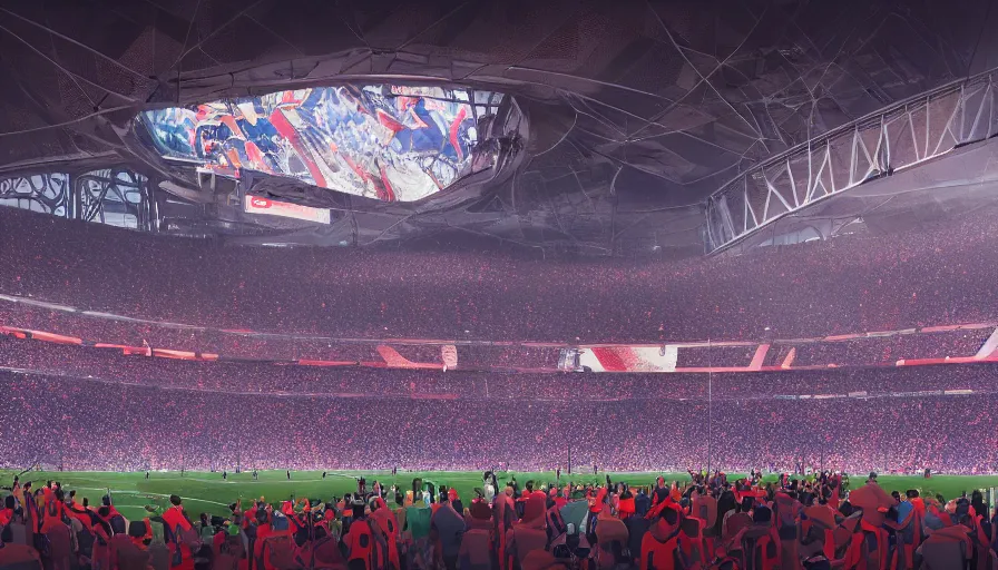 Image similar to interior of a gigantic soccer stadium with giant screens while champion league's final between psg and bayern munich, hyperdetailed, artstation, cgsociety, 8 k