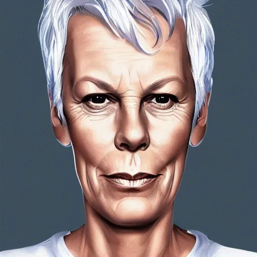 Prompt: jamie lee curtis, full body, tired, serious, intelligent, powerful, white hair, fully clothed, wise, beautiful, by stanley artgerm, soft lighting, trending on artstation, flat colour