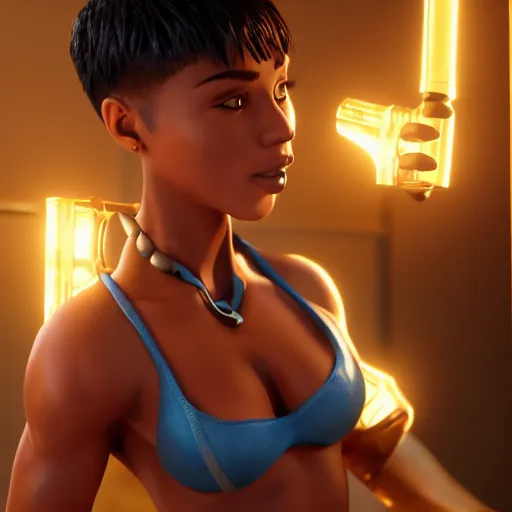 Image similar to a short young genie, with spikey short brown hair, brown skin, abs, a confident smile, emerging from her lamp and flexing her bicep, trending on artstation, 4k, hyperrealistic, focused, extreme details, unreal engine 5, cinematic, masterpiece