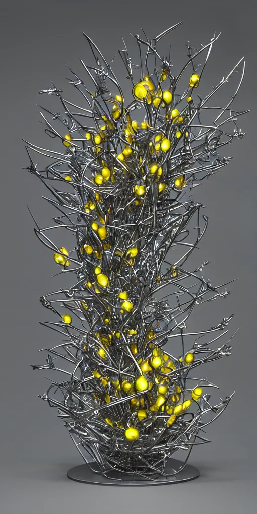 Image similar to 3 d photographic render of physarum sculpture made of chrome, neon circles, chrometype, made of liquid metal, neotribal with thorns and thunders, raytracing, hyper realistic, volumetric lightning, 8 k, by zhelong xu and ouchh studio