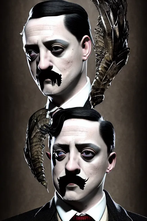 Prompt: gomez addams, expensive suit, gothic, young, beautiful, man, full - body, realistic portrait, ethereal, soft clean focus, art by emil melmoth, gustave dore, craig mullins, yoji shinkawa, art germ, pete morbacher, david lynch, hyper detailed, high detail, artstation, hyperrealistic, unreal engine 5, ravens