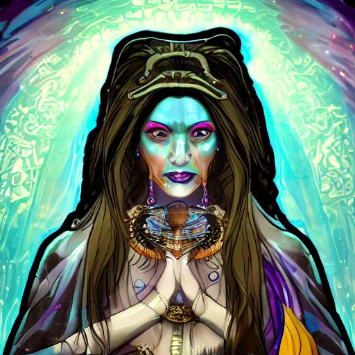 Image similar to a traditional sacred priestess coming back to life in the modern world, haloed, cosmic horror style