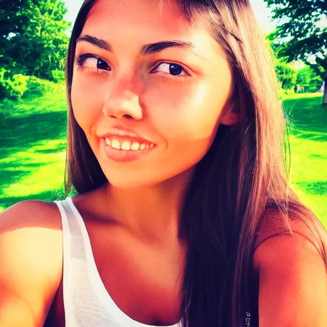 Prompt: a photo hot summer selfie one pretty girl instagram vibecheck face symmetry portrait love happy photorealistic