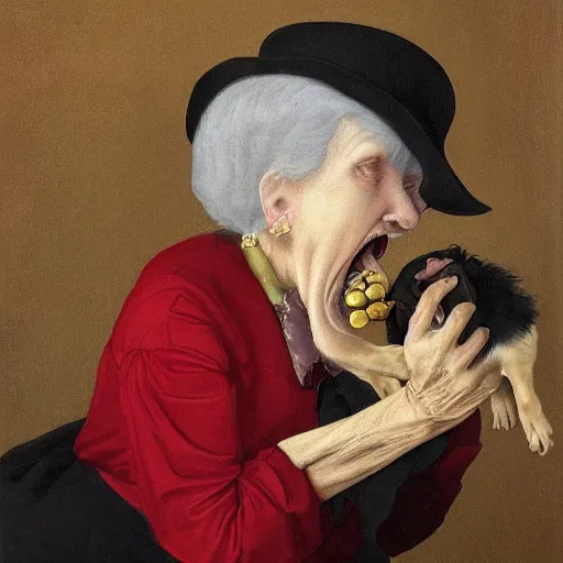 Prompt: a surreal absurdist image of an old woman swallowing a dog