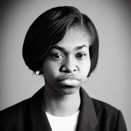 Prompt: a portrait photo of 20 year old female obama, with a sad expression, looking forward