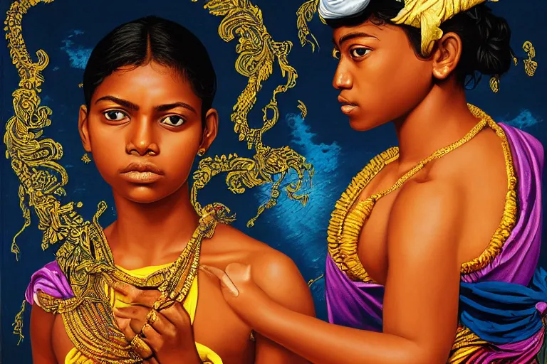 Image similar to a sri lankan girl pirate with iridescent skin by kehinde wiley