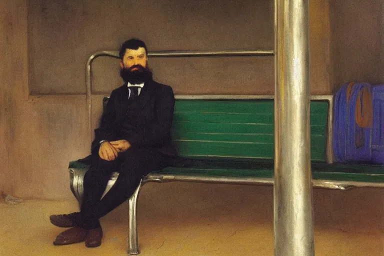 Prompt: portrait of a bearded young man sitting alone on a bench in a subway station, glowing with silver light, color by Franz Marc, highly detailed architecture by Jean-Léon Gérôme, by Winsor McCay, today's featured photograph, 16K