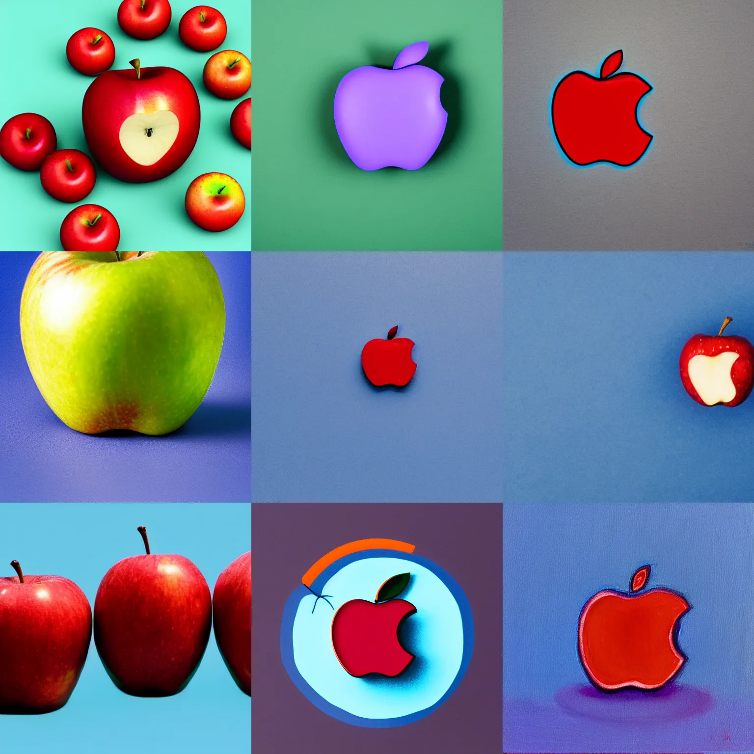 Prompt: an apple with a [ [ [ blue ] ] ] and ( ( ( red ) ) ) background