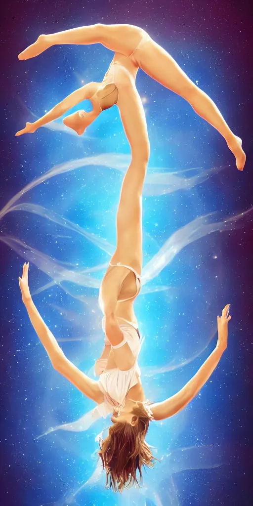 Image similar to painting of a short hair blond girl doing Aerial dance, blue cloth, cosmic, 8k, volumetric light, beautiful anime art style, stylised