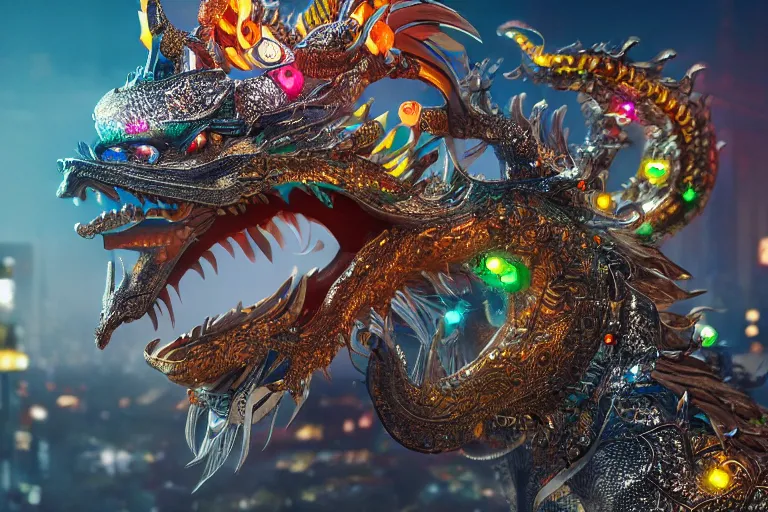 Image similar to cinematic shot of a silver chinese dragon intricately decorated with colorful jewels, detailed textures, midnight city lights, strong bokeh, dramatic lighting, unreal engine, cgsociety, artstation, 4k