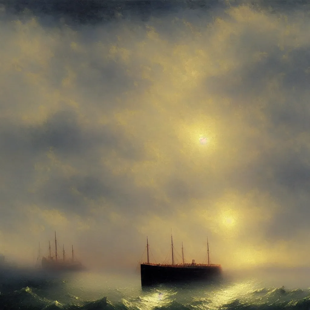 Prompt: Titanic on the river Thames, oil-on-canvas by Ivan Aivazovsky