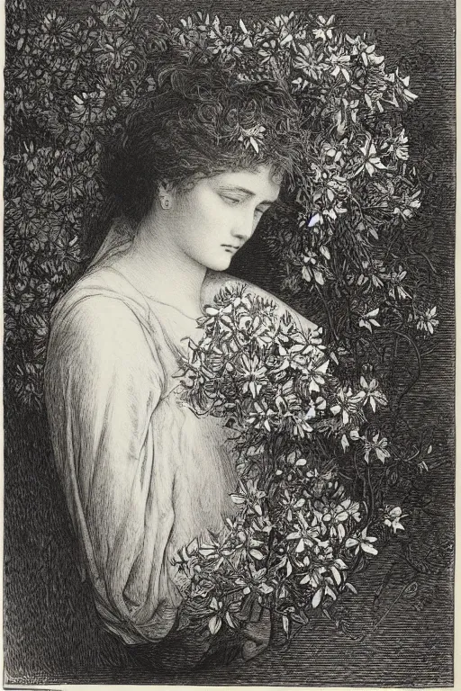 Image similar to black and white, women faces in flowers, Gustave Dore lithography