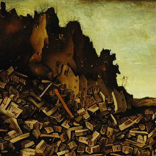Prompt: Apocalypse with charred books. Painting by Bruegel