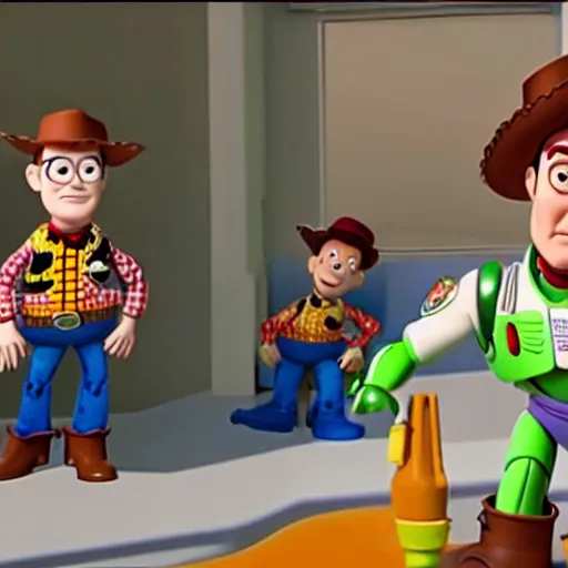 Image similar to walter white and jesse wearing lab gear in toy story
