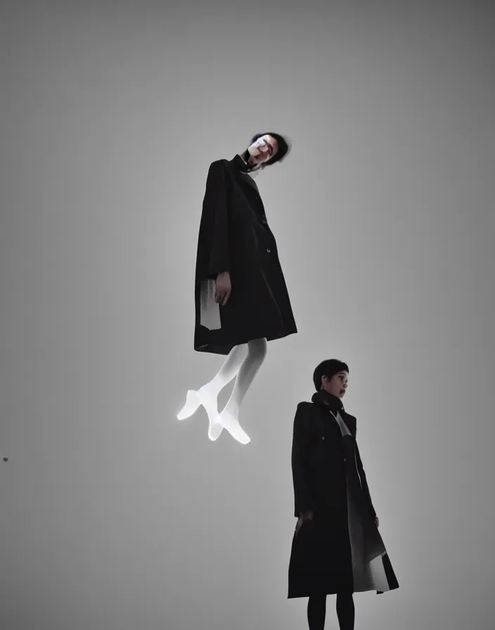 Image similar to high fashion portrait close - up of a lone single model posing melodramatically in a slick fashionable zara raincoat jumping floating suspended mid - air over a wet rainy contemporary lighting art installation designed by james turrell, photography shot by steven meisel, dali, wes anderson, lily frank, symmetry, rule of thirds, nostretch